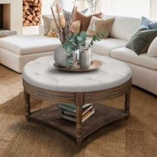 Storage Ottoman: Light Gray Farmhouse Round Two Tier Shelf