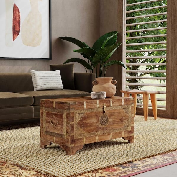 Storage Trunk Brass Inlay Hand Painted Global Wood