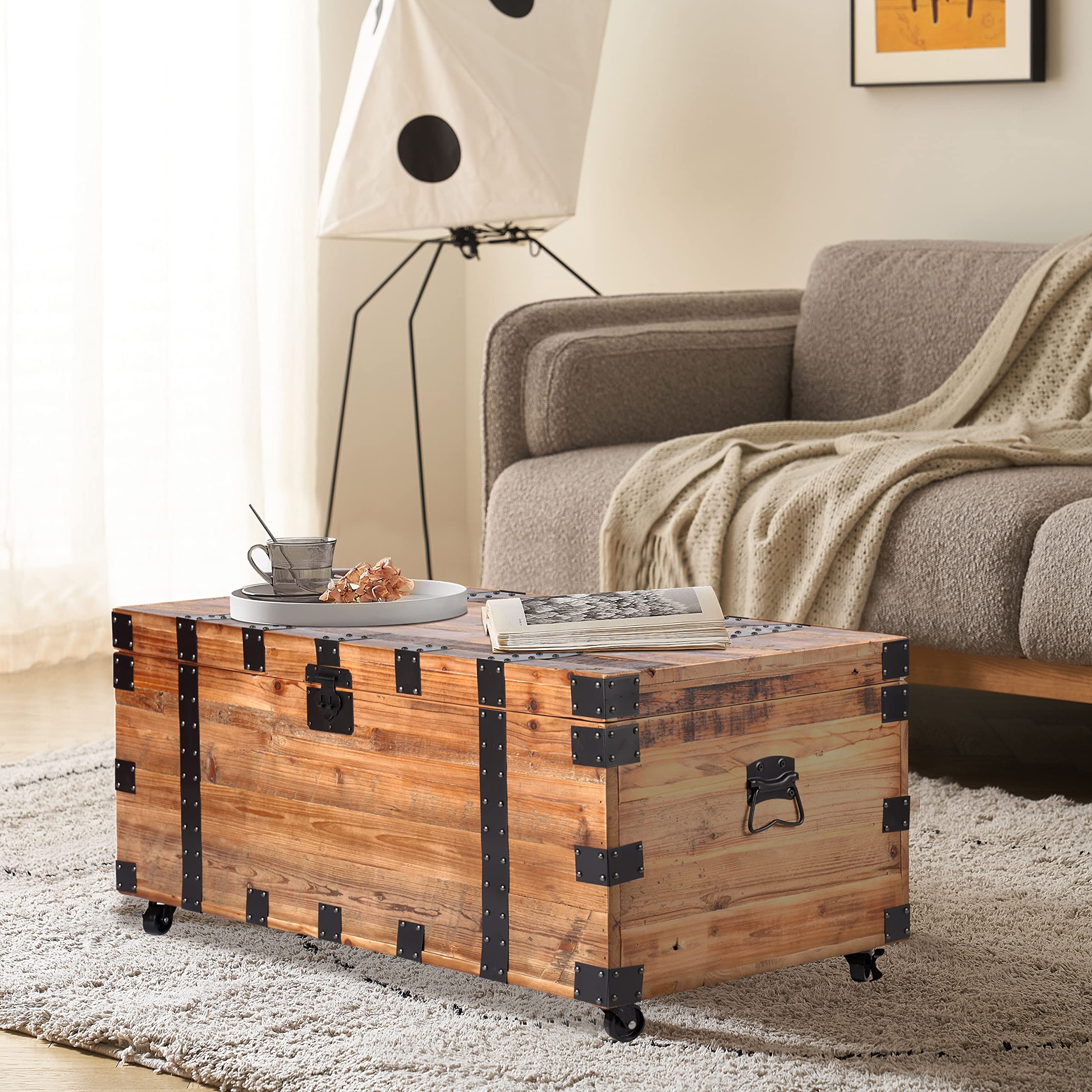 Storage Trunk with Caster Wheels Industrial Wood Table
