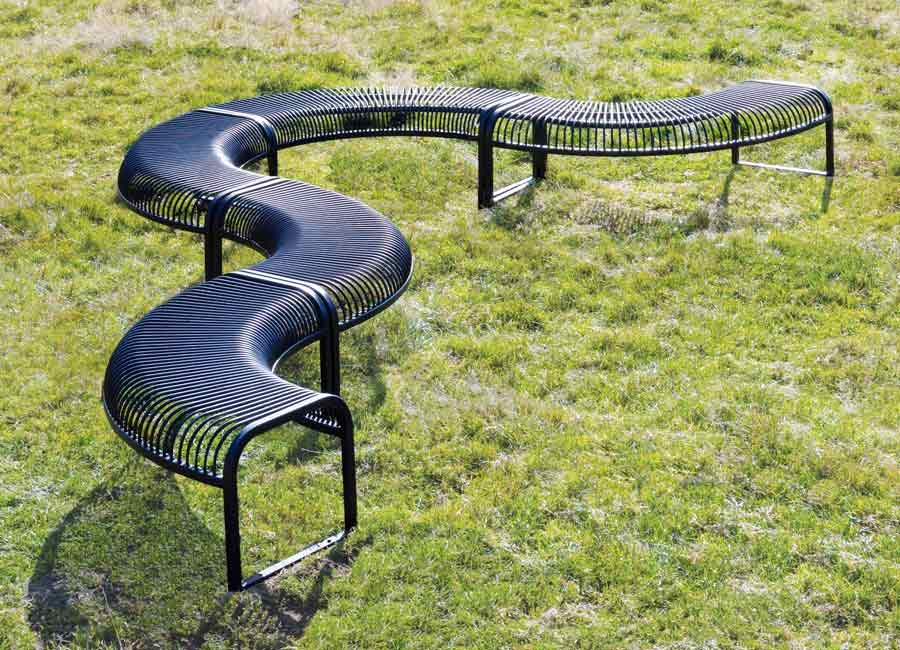 Street Bench Matte Black Serpentine Slatted Metal Seating