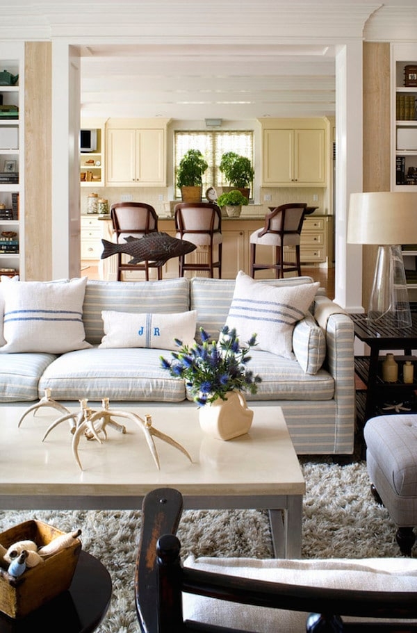 Striped Sofa With Horizontal Stripes and Monogrammed Pillow