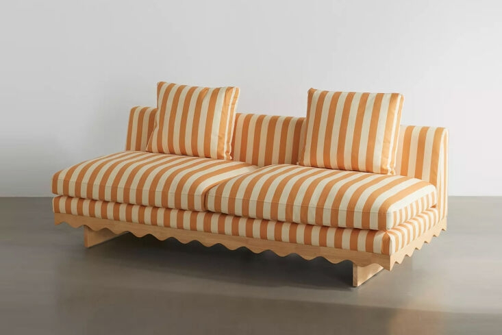 Striped Sofa With Scalloped Wood Base and Armless Frame