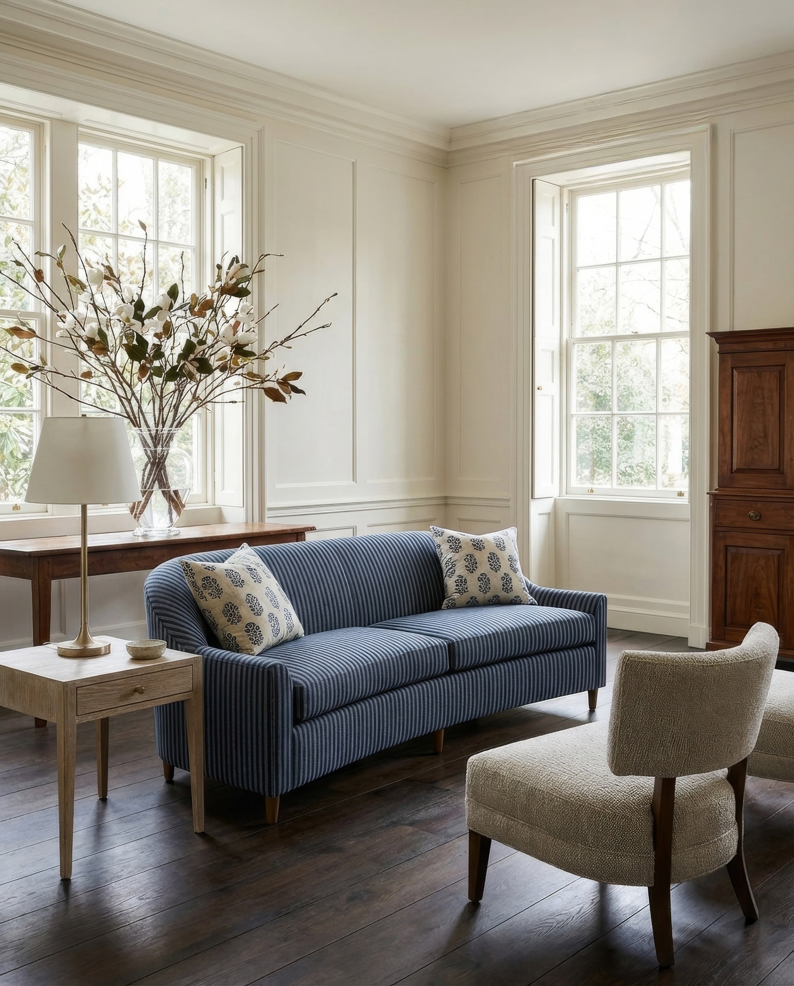 Striped Sofa With Tightback Curved Silhouette and Wood Legs