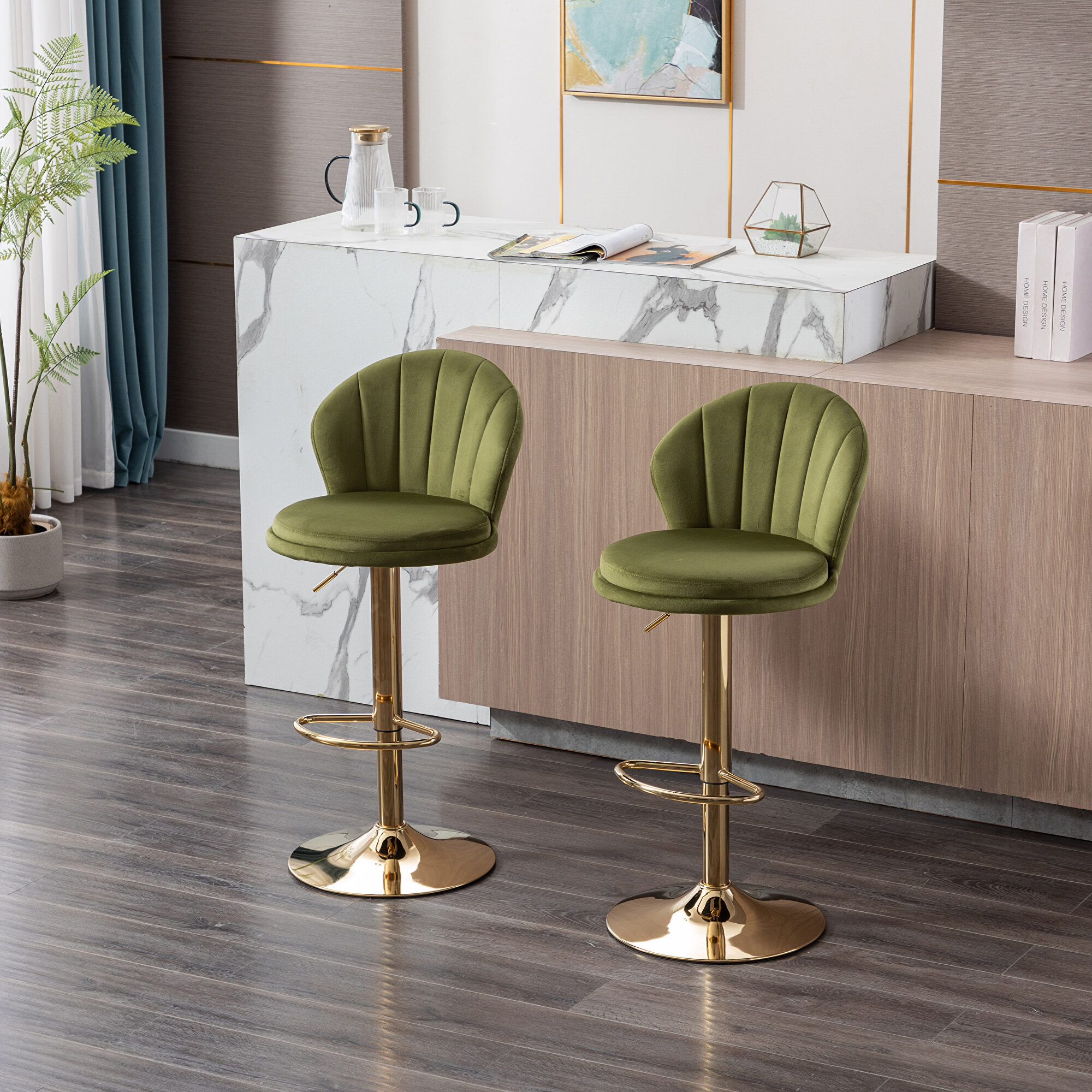 Swivel Bar Stool Olive Green Velvet-Like Channel Tufting Gold Base
