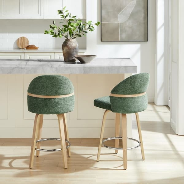 Swivel Bar Stool Sage Textured Fabric Wood Toned Legs