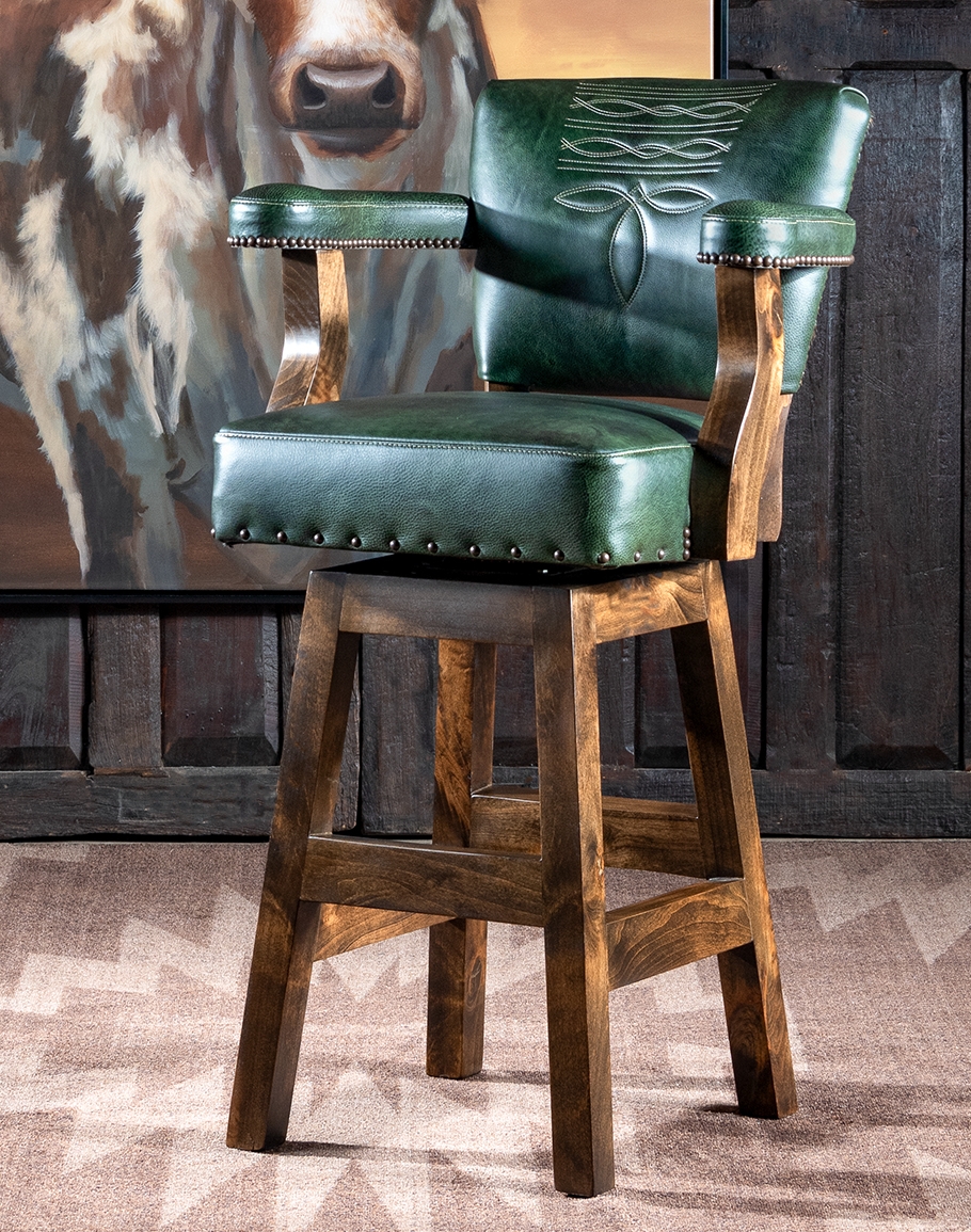 Swivel Barstool Forest Leather Bootstitch Embroidery Western Style