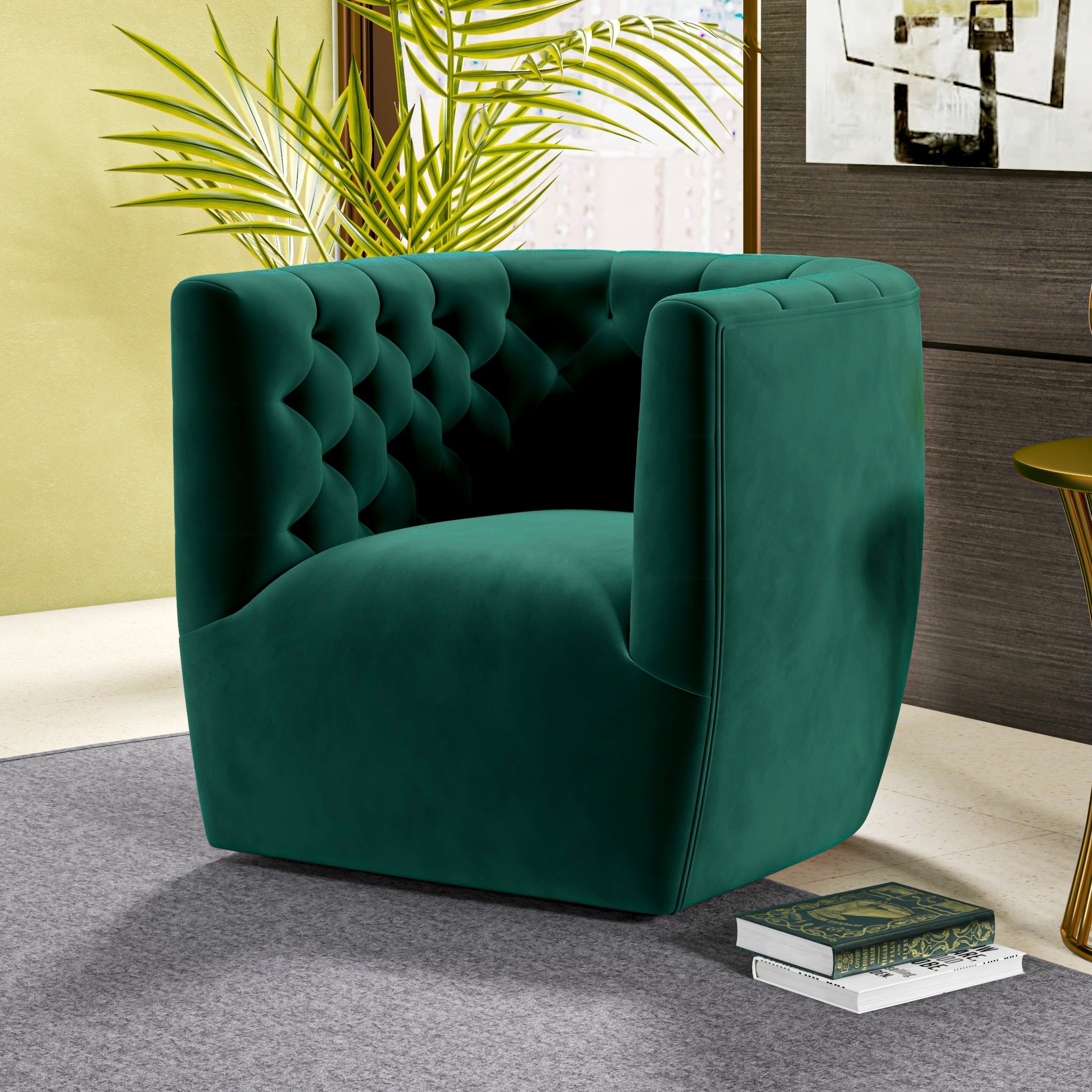 Swivel Chair Diamond Tufting Forest Green Velvet Tub