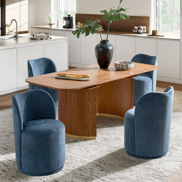 Swivel Dining Chair in Navy Boucle with Fluted Pedestal