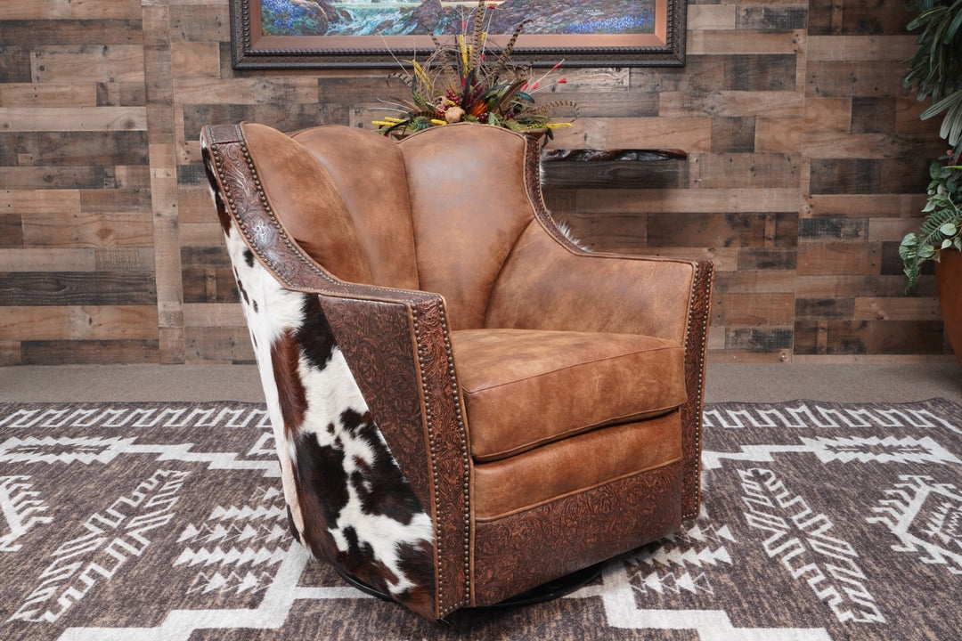 Swivel Glider Chair Scalloped Back and Tooled Trim