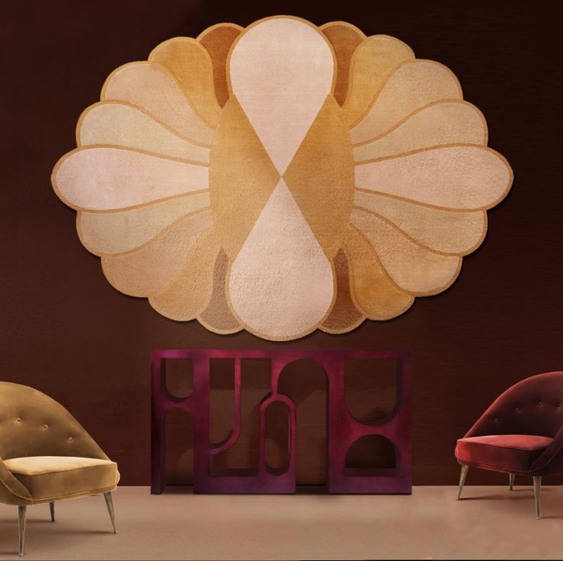 Symmetrical Wall Rug Art with Scalloped Earth Tone Palette.