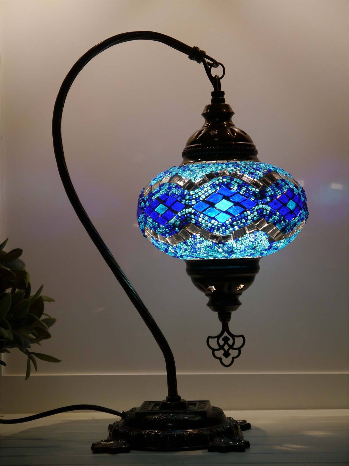 Table Lamp Blue Kilim Pattern Mosaic Swan Neck Antique Bronze