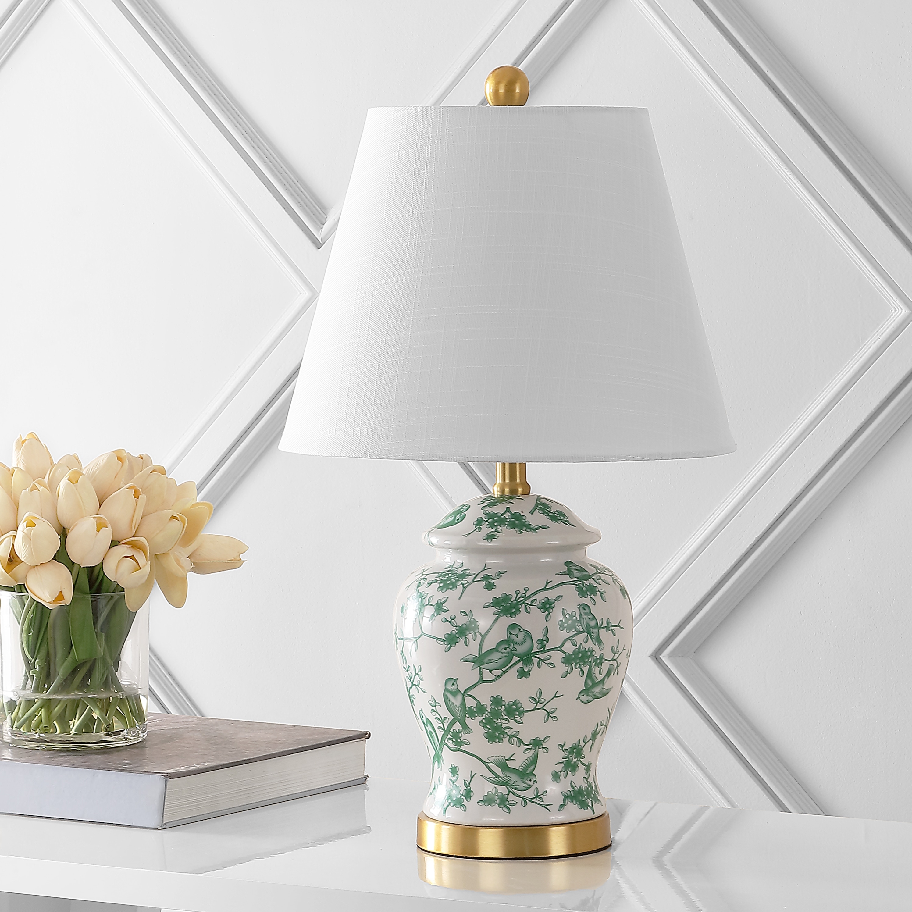 Table Lamp Ceramic Green Ginger Jar Gold Metal Pedestal