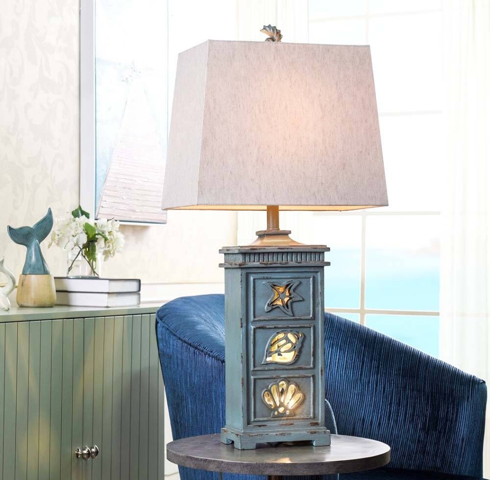 Table Lamp Coastal Blue Illuminated Base Shells Decor