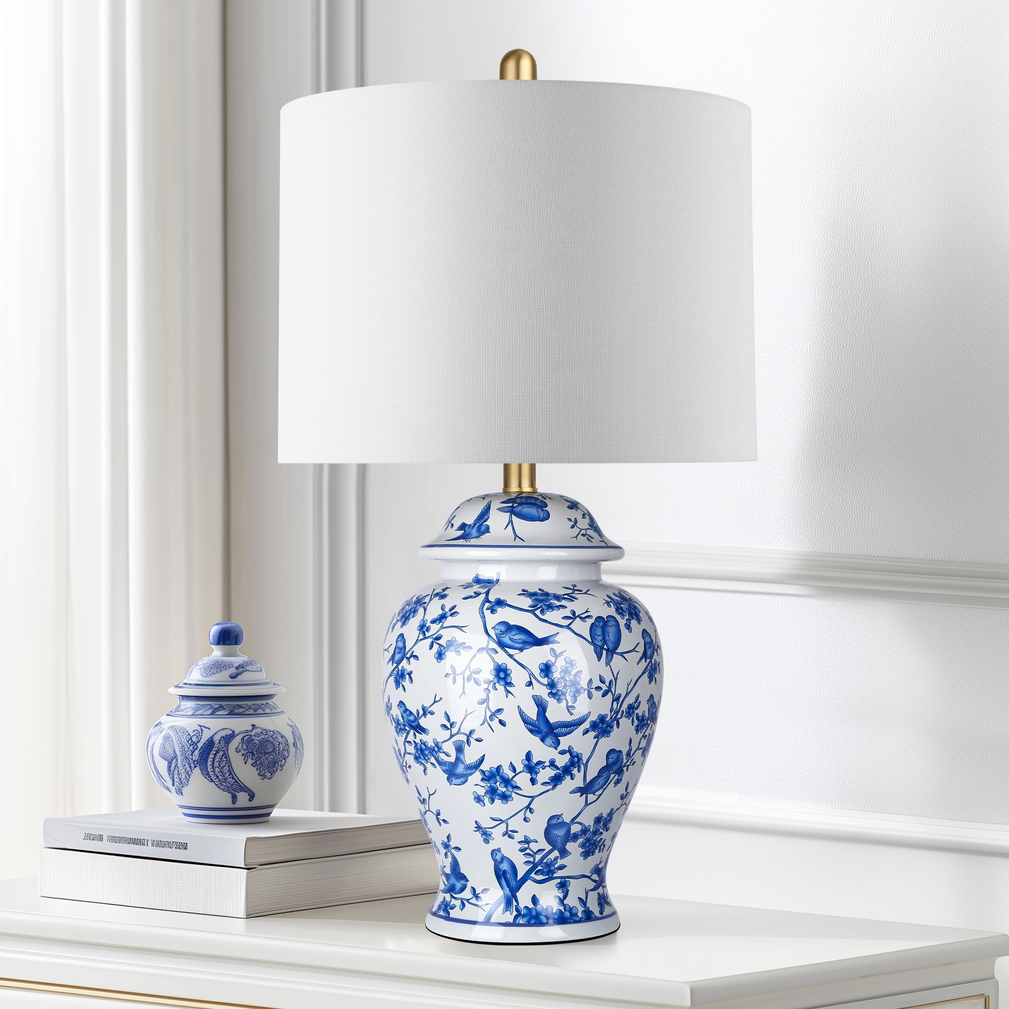 Table Lamp Cobalt Blue Bird Motif and Ginger Jar Shape
