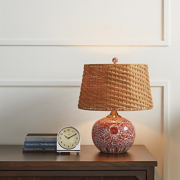 Table Lamp Coral Pot Base with Woven Wicker Shade