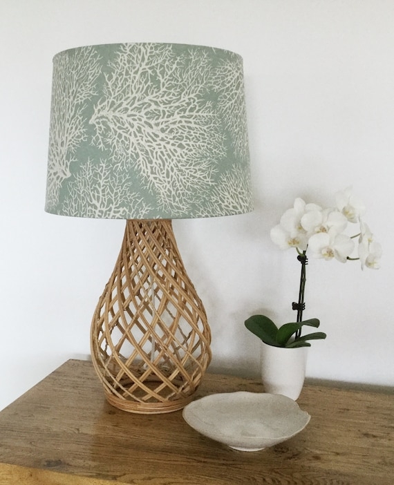 Table Lamp Coral Print Shade and Woven Lattice Base