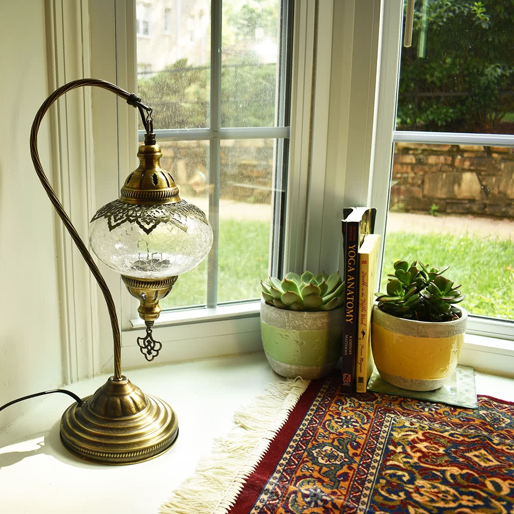 Table Lamp Crackle Glass Globe Swan Neck Filigree Antique Brass