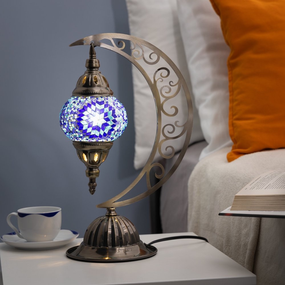 Table Lamp Crescent Moon Stand Geometric Star Mosaic Filigree