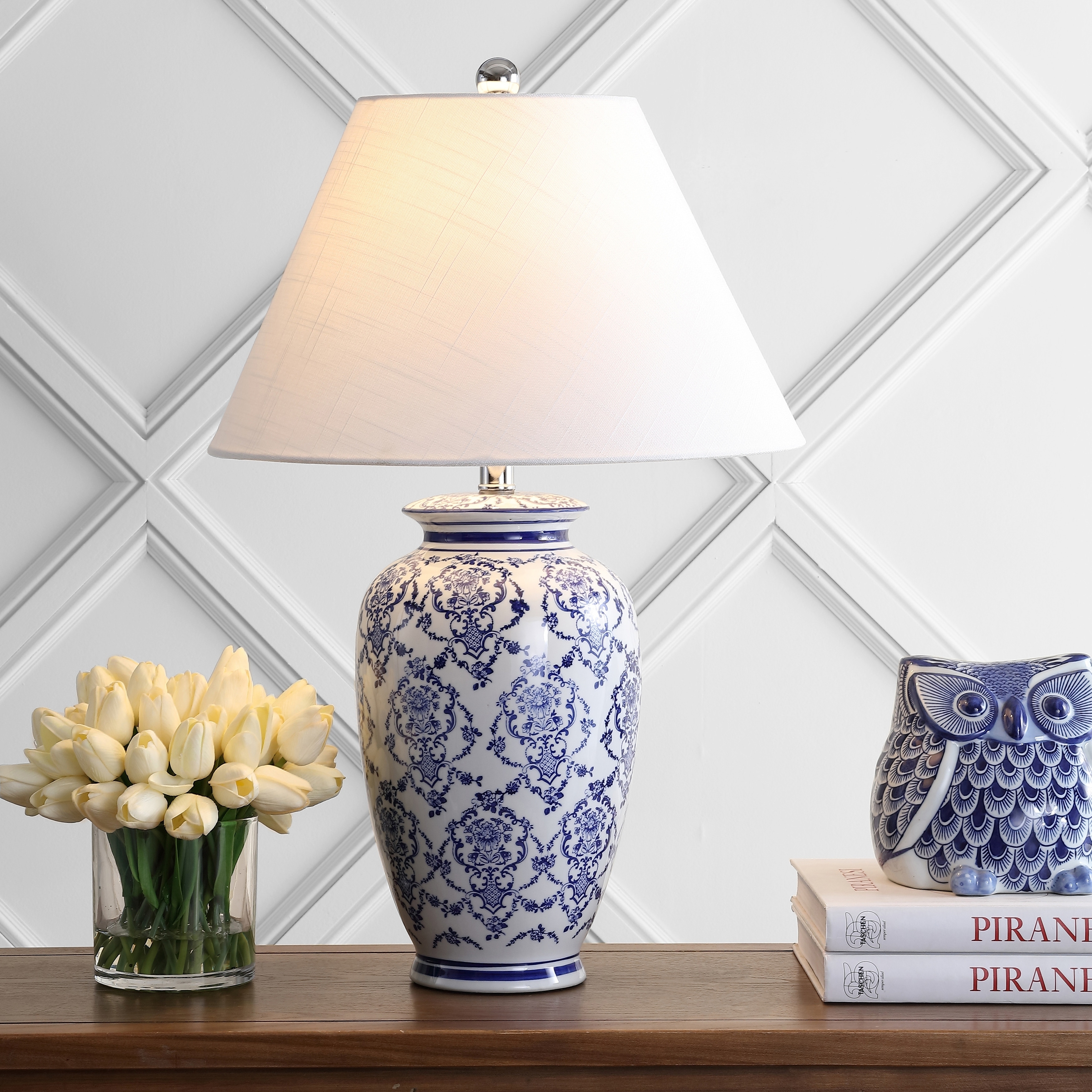 Table Lamp Damask Motifs Tapered Fabric Shade Decor