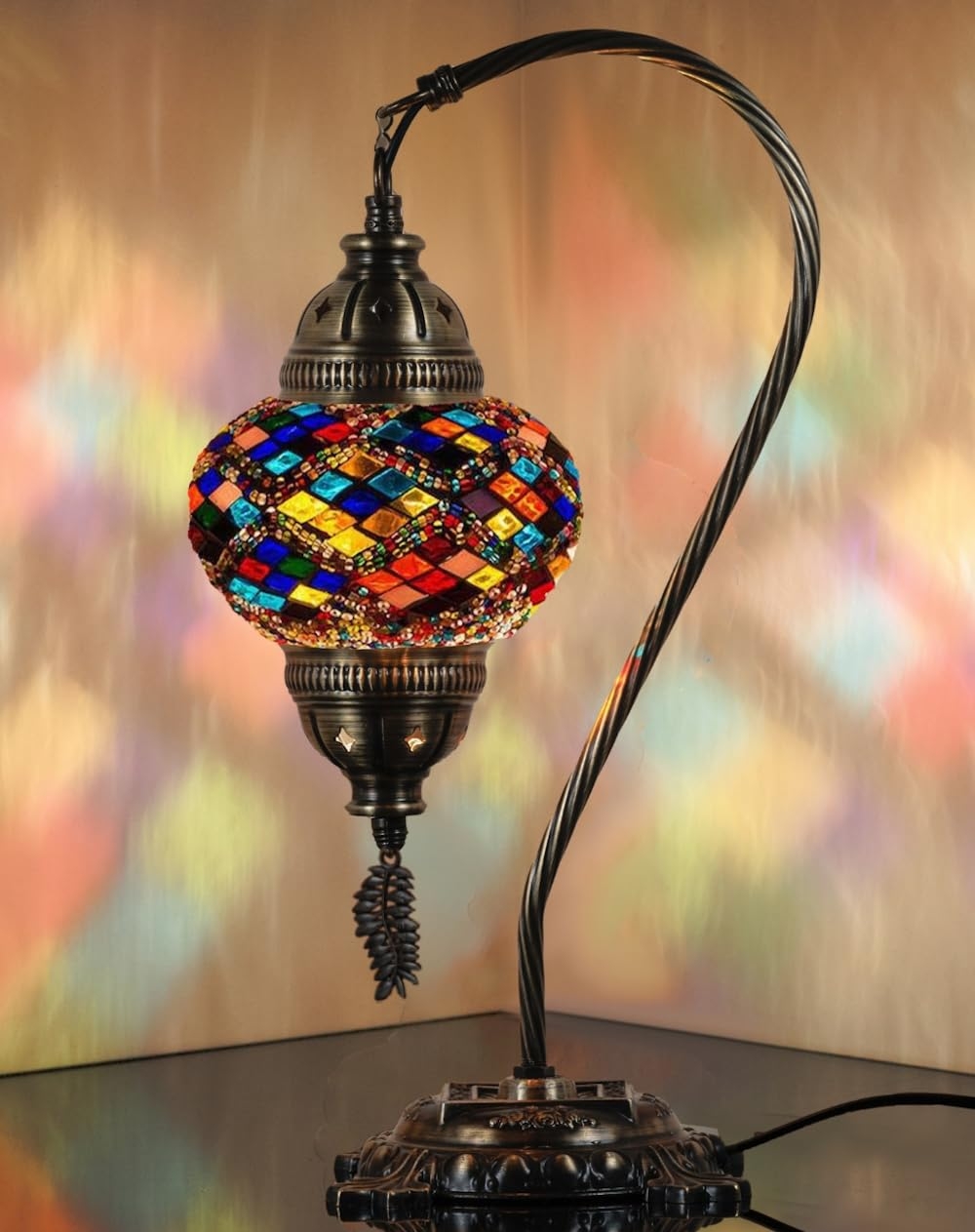 Table Lamp Diamond Mosaic Swan Neck Hanging Charm Antique Brass