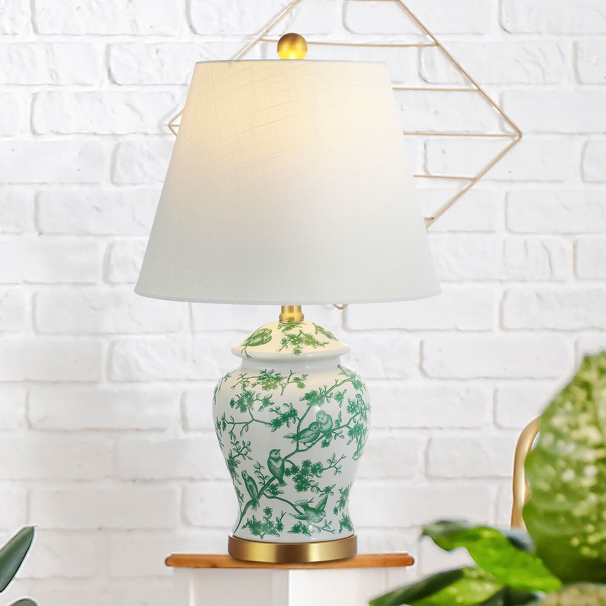 Table Lamp Emerald Green Chinoiserie Bird Motif Jar