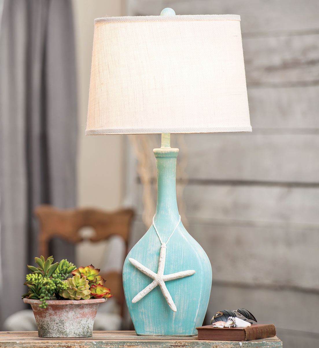 Table Lamp Featuring Starfish and Distressed Aqua Base