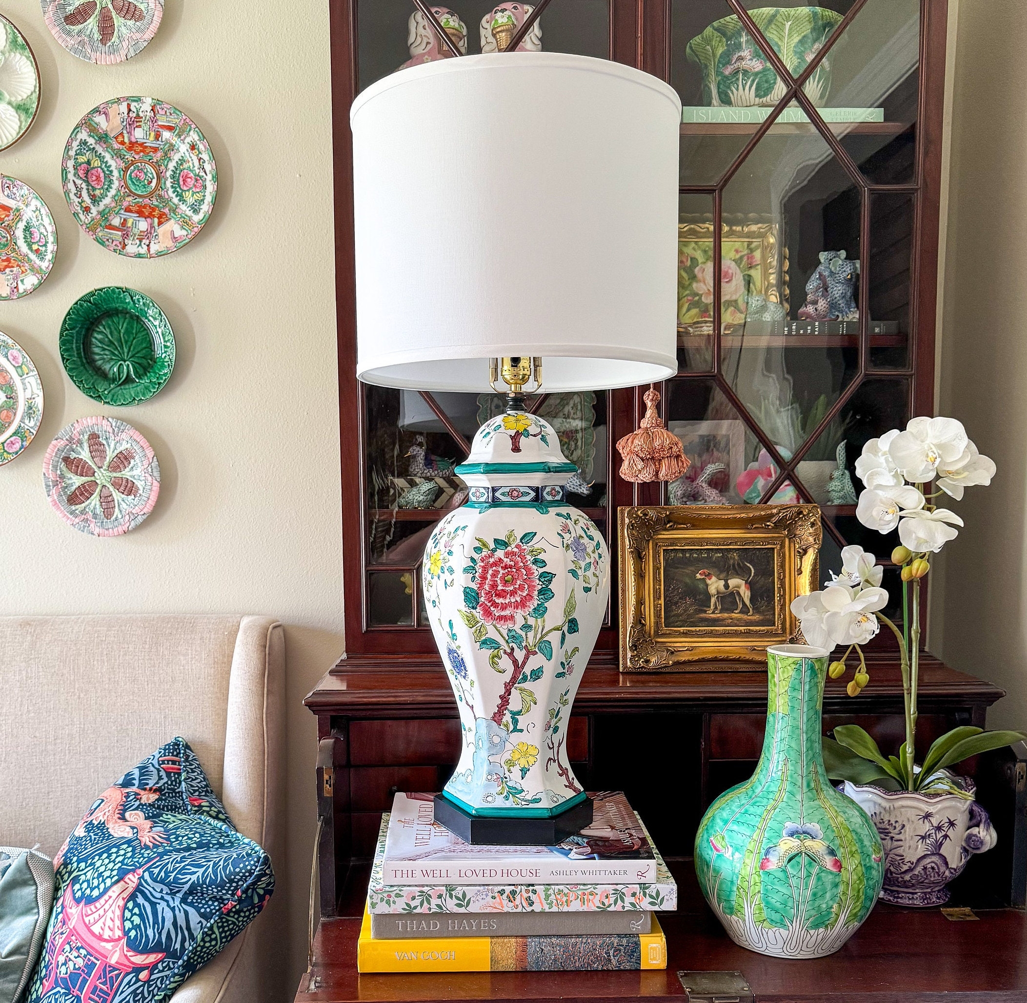 Table Lamp Floral Chinoiserie Temple Jar Tiered Black Base