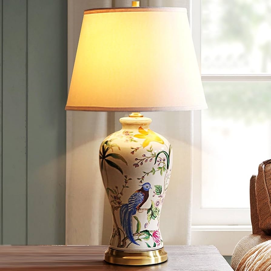Table Lamp Glossy Chinoiserie Bird Motif Cream Ceramic