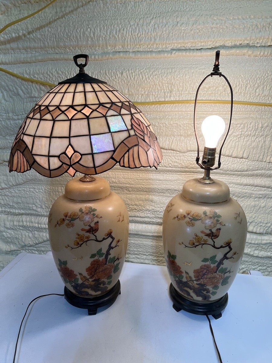 Table Lamp Iridescent Glass Shade Hand Painted Birds