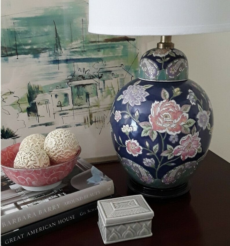 Table Lamp Jar with Pink Paisley Border and Cobalt Blue