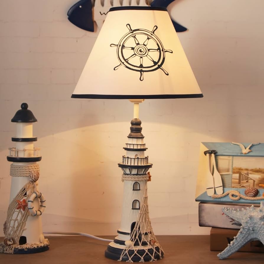 Table Lamp Lighthouse Sculpture Ships Wheel Motif