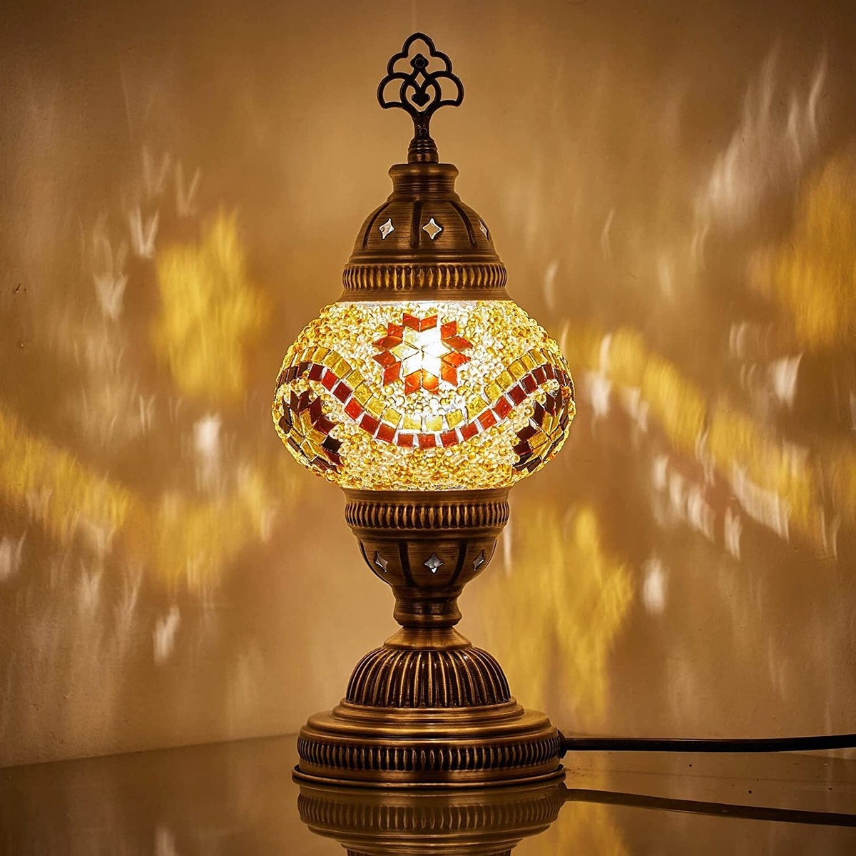 Table Lamp Mosaic Globe Patterned Light Projection Antique Bronze