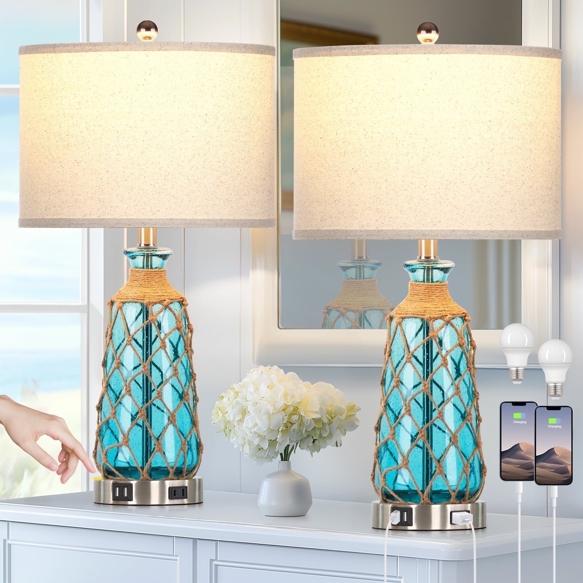Table Lamp Nautical Netting and Seeded Blue Glass Set