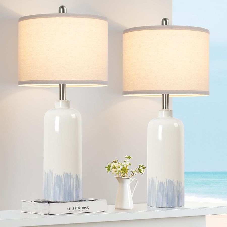 Table Lamp Painterly Blue Detail and Glossy Ceramic Base