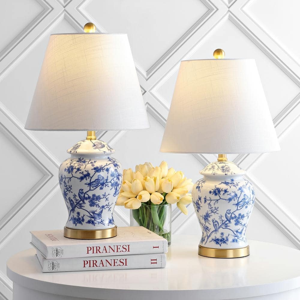 Table Lamp Pair Ginger Jar Bird Ceramic Gold Accents