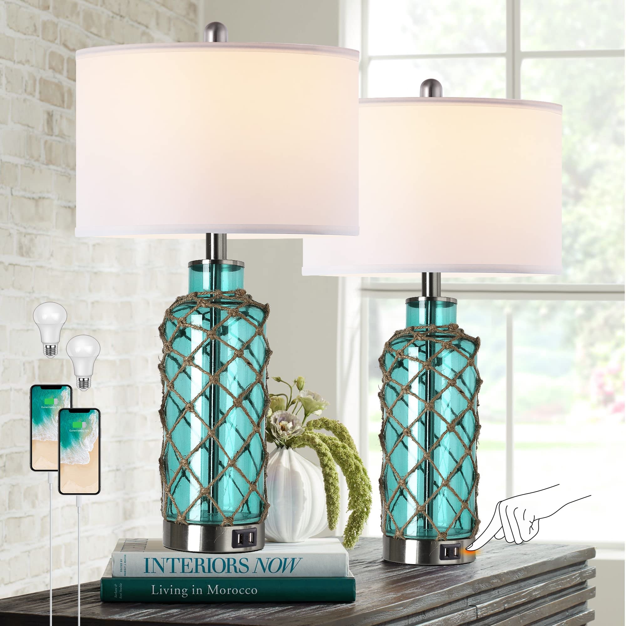 Table Lamp Seafoam Glass USB Charging Port Lighting