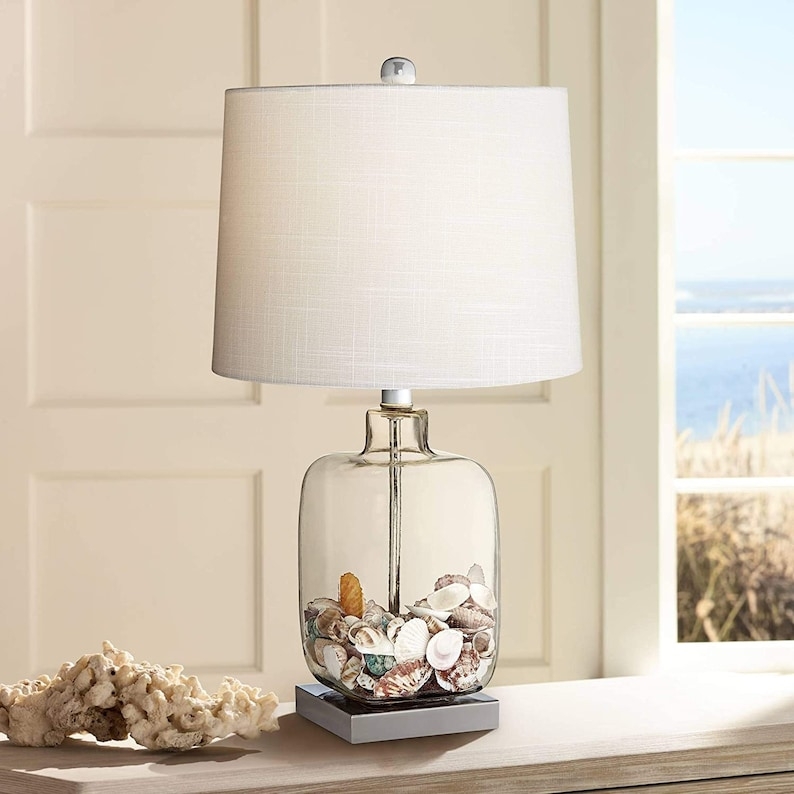 Table Lamp Seashell Filling with Clear Glass Jar Base