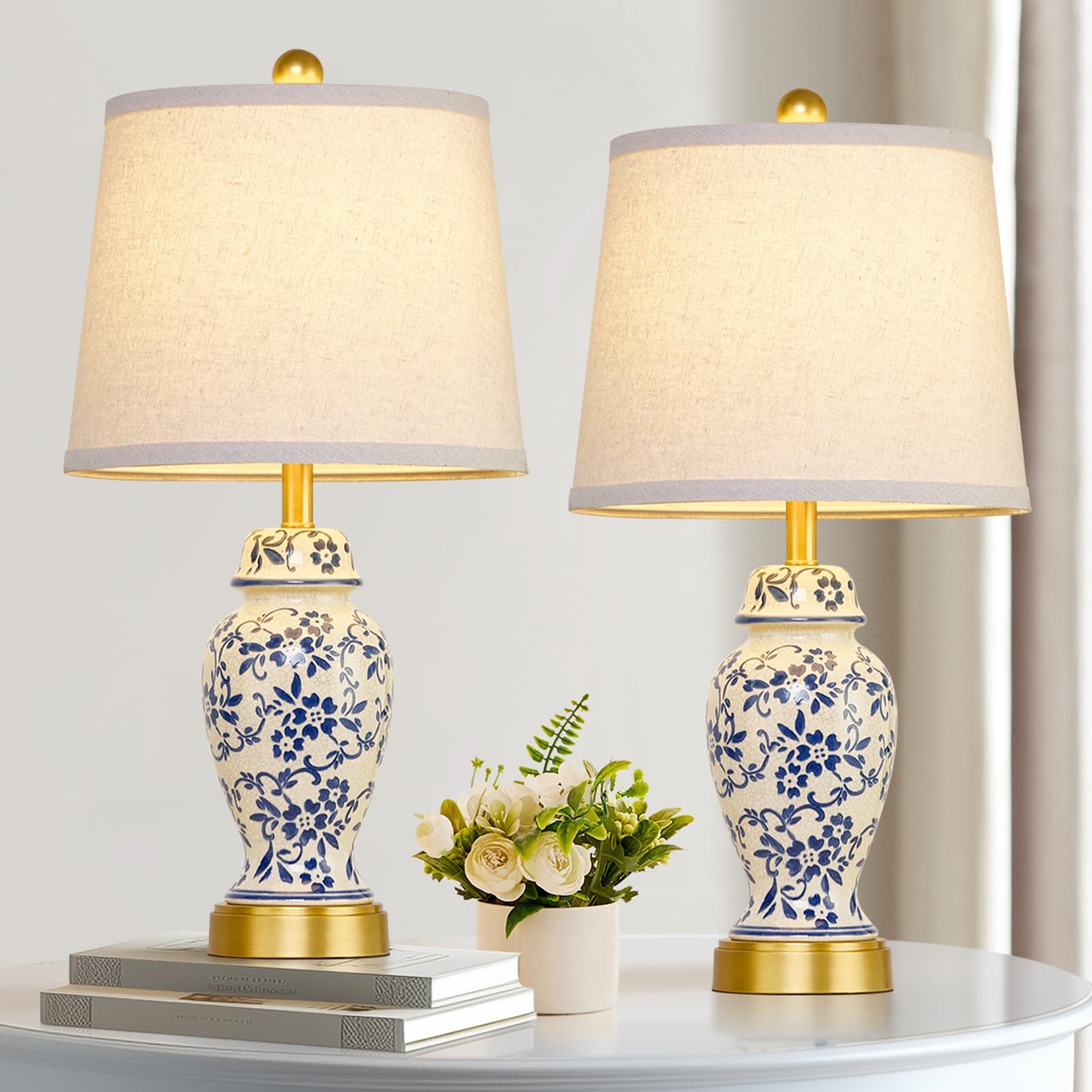 Table Lamp Set with Brushed Gold Base and Piping Trim