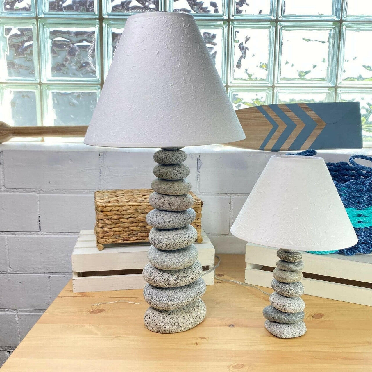 Table Lamp Stacked Stone Base for Organic Coastal Decor