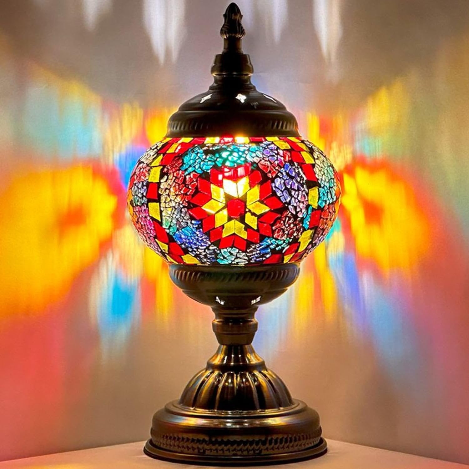 Table Lamp Sunset Flower Mosaic Antique Bronze Light Projections