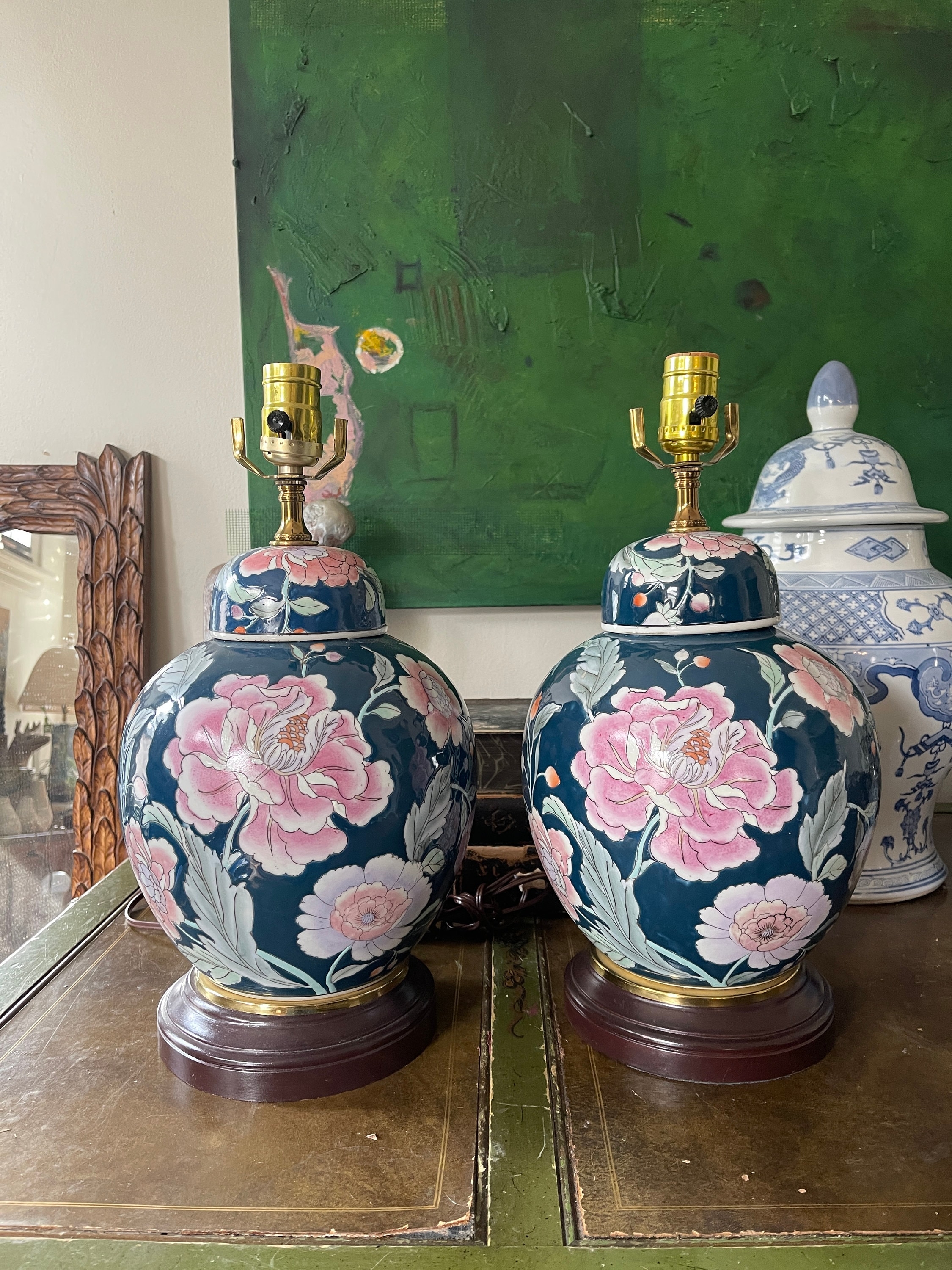 Table Lamp Teal Blue Peony Floral Ginger Jar Silhouette