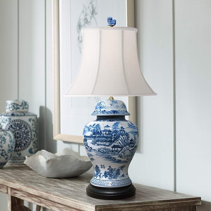Table Lamp Temple Jar Foo Dog Finial Landscape Motif