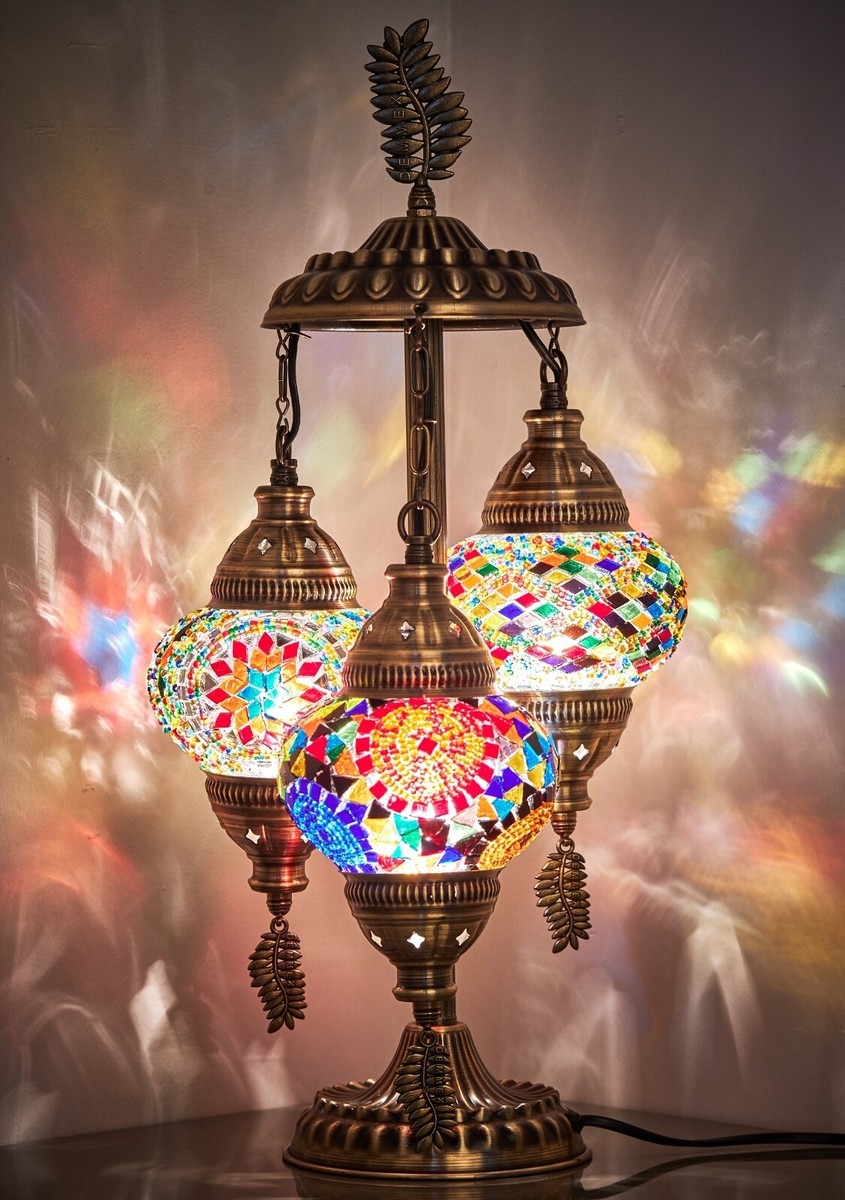 Table Lamp Triple Globe Moroccan Mosaic Antique Brass