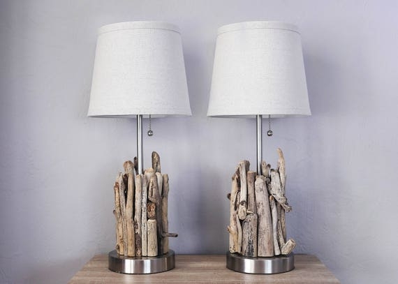 Table Lamp Weathered Gray Driftwood Base Paired Set