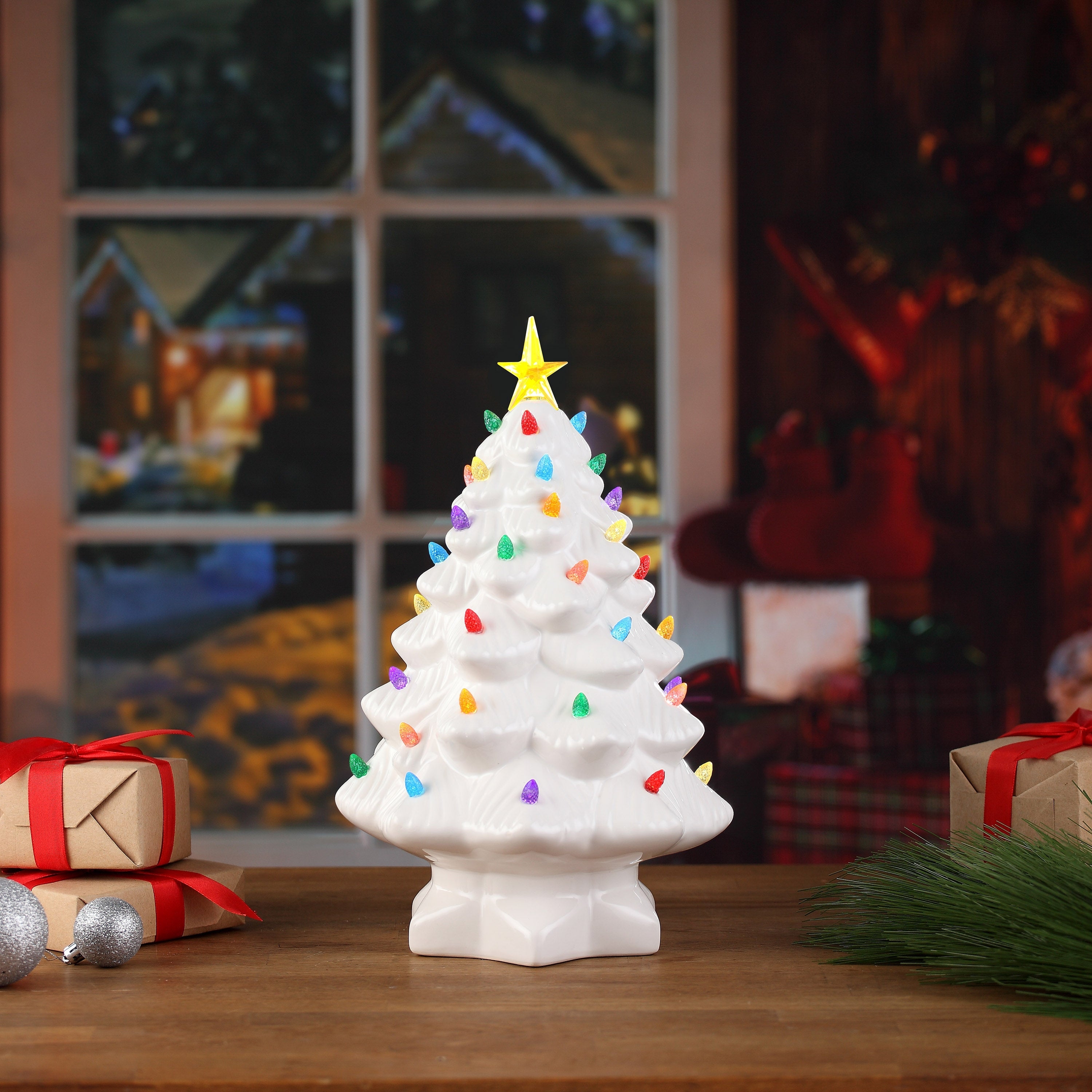 Tabletop Christmas Tree in Bright White with Multi-Colored Pin Lights