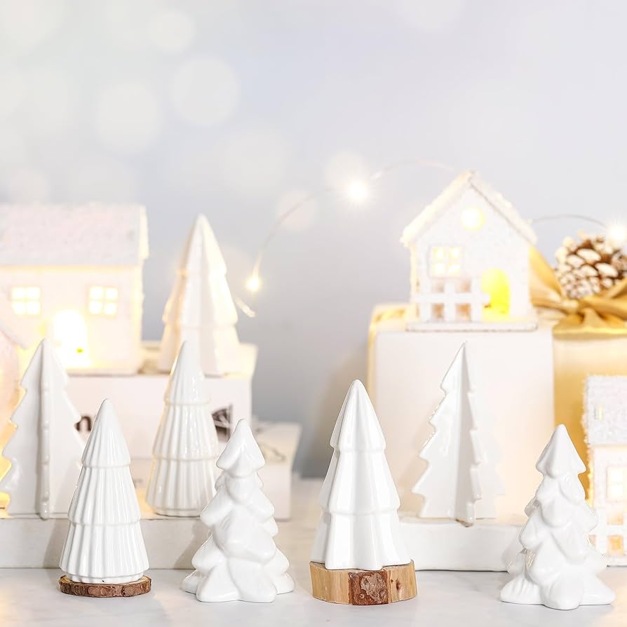 Tabletop Holiday Decor with Wood Slice Base and Arctic White