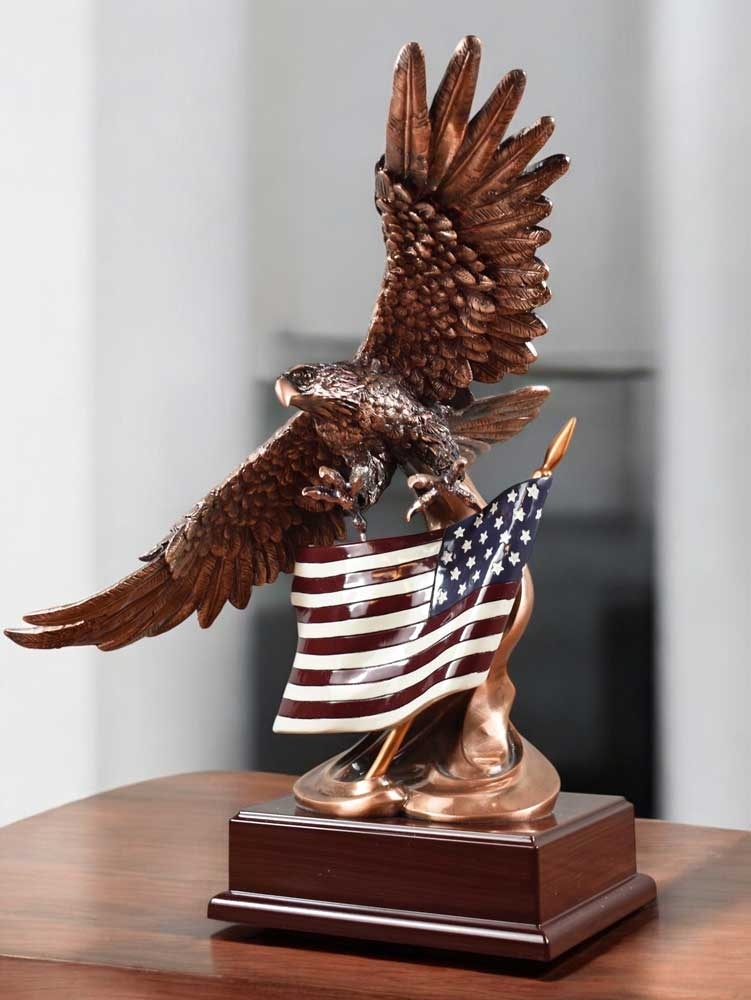 Tabletop Sculpture Bronzed Eagle Patriotic Desk Decor Integrated Flag