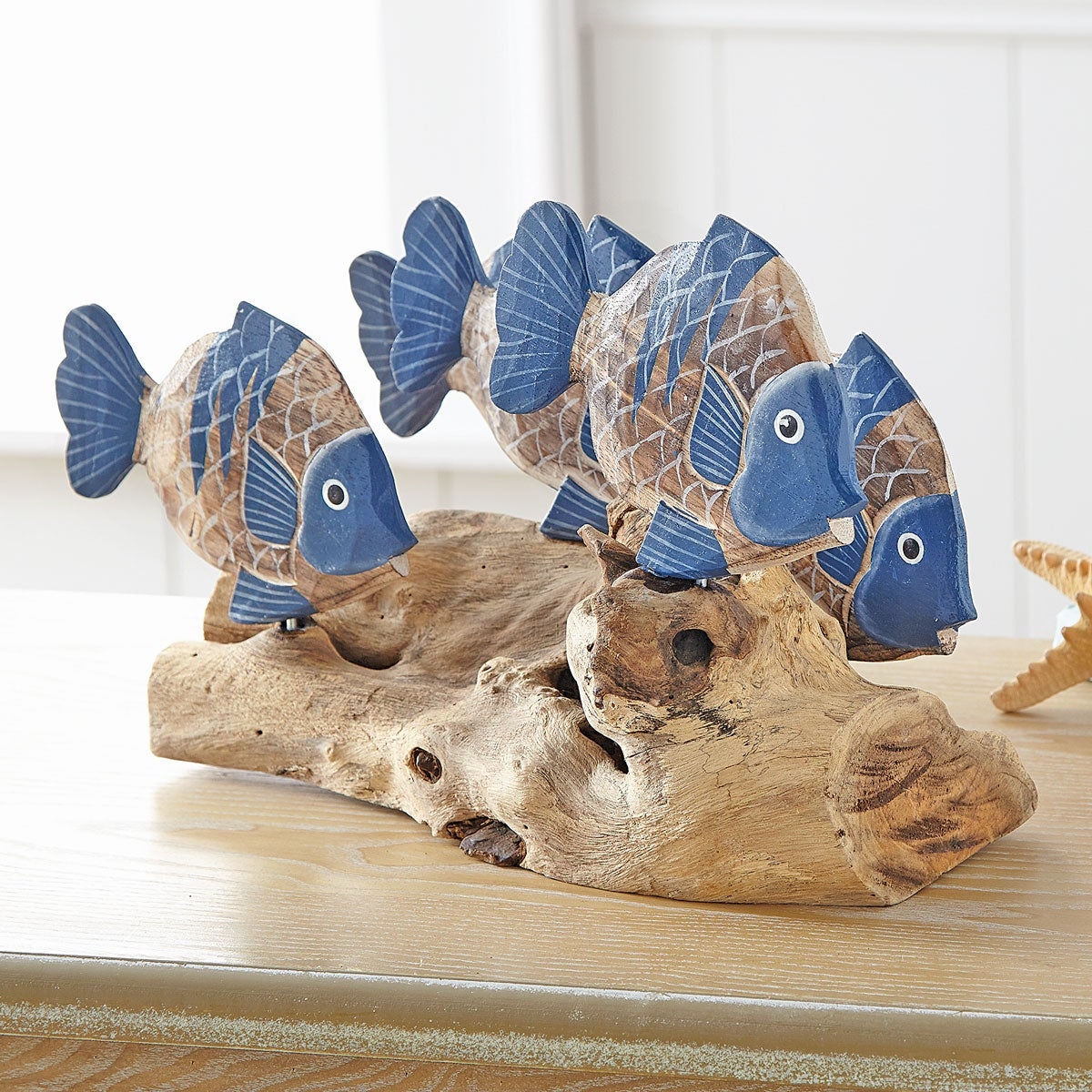 Tabletop Sculpture: Hand Carved Texture Driftwood Fish Art