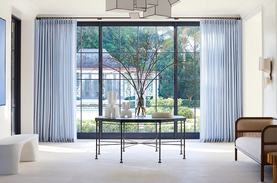 Tailored Pleat Drapery: Sky Blue Fabric Large Window Treatments