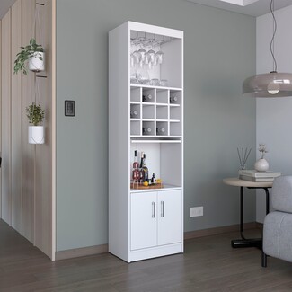 Tall Bar Cabinet with 12 Bottle Cubbies and White Frame